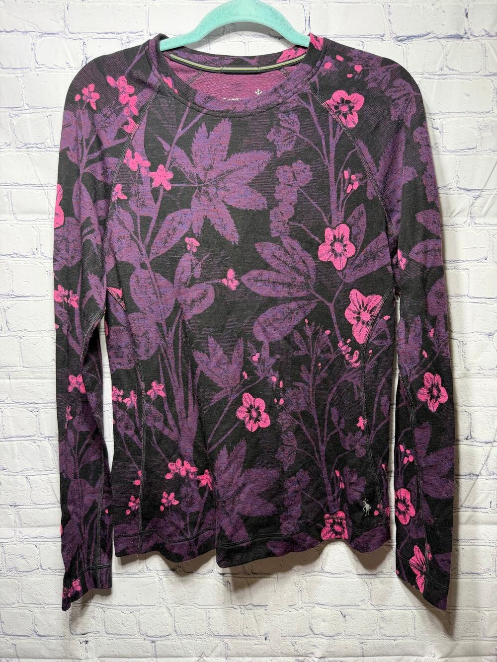 Smartwool Womens Merino Base Layer Crewneck Top Purple Floral Sz XL